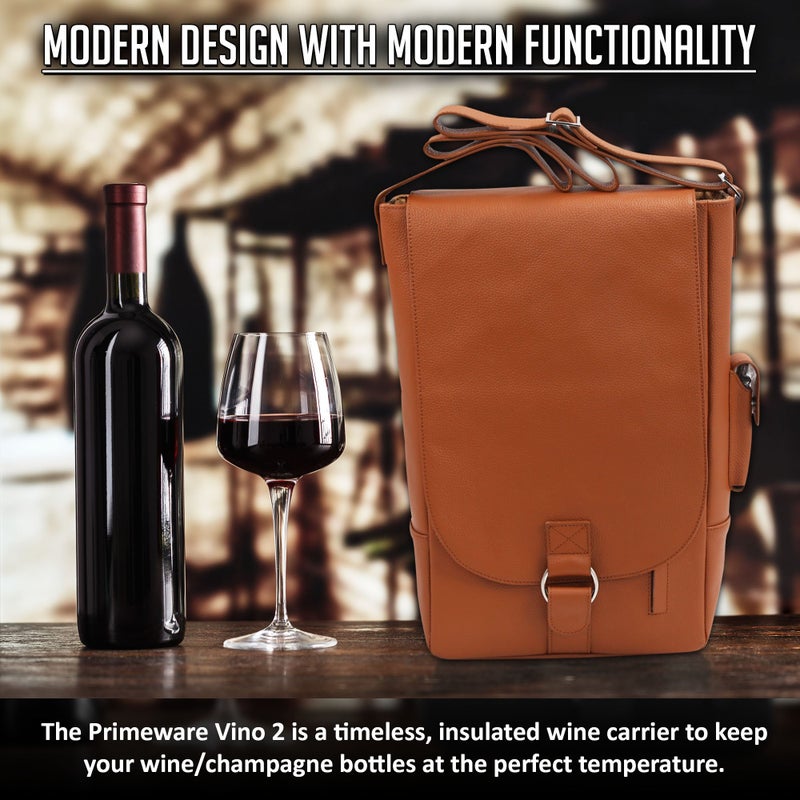 Primeware Vino2 Two Bottles Saddle Leather Wine Tote Messenger Carrier (Brown) - Image 3
